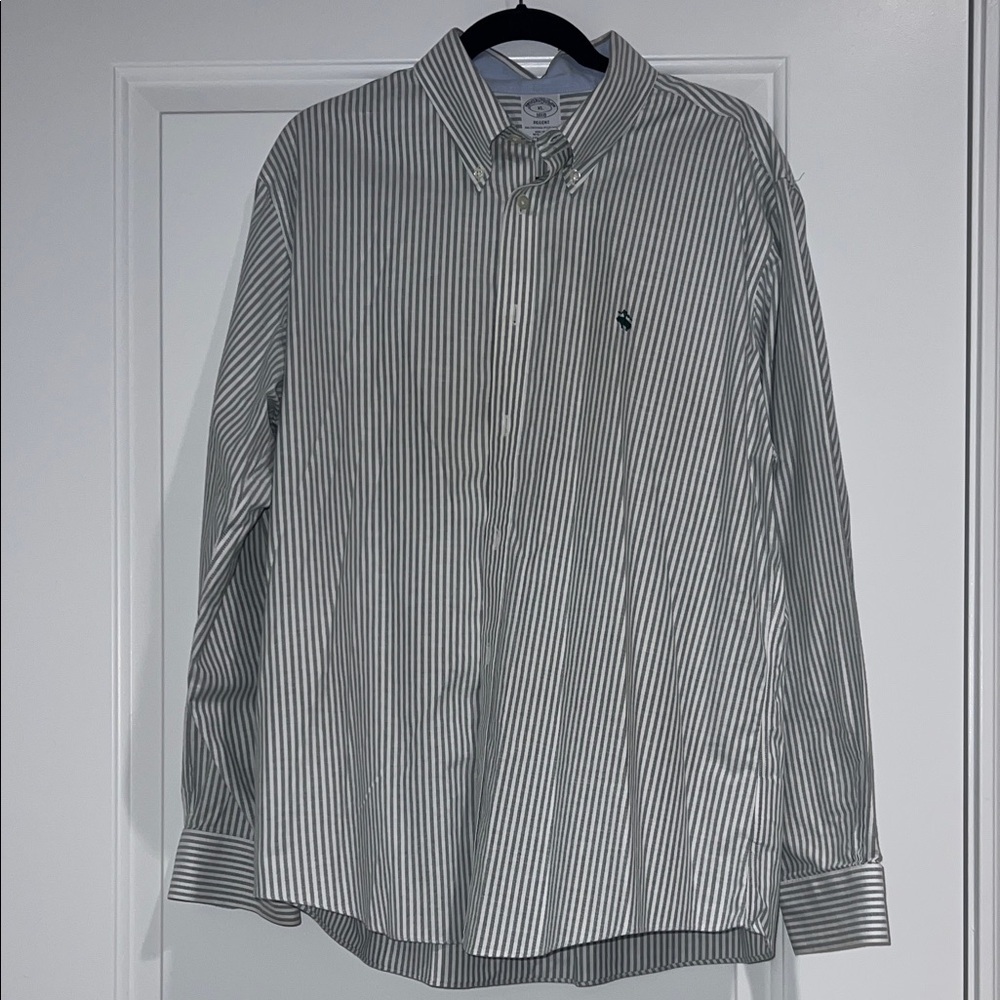 Brooks Brothers Green and White Striped Button-Down Shirt